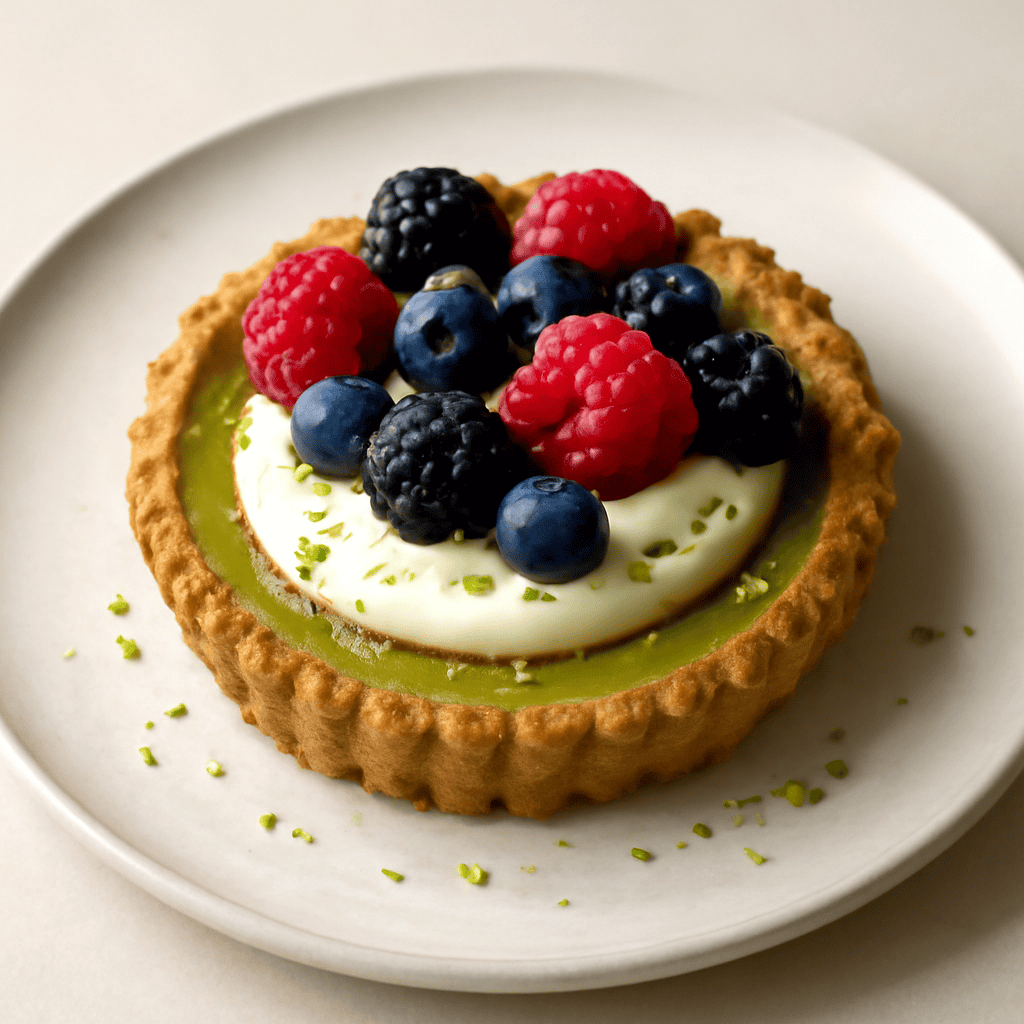 Frangipane cocco e pistacchio con crema al cioccolato bianco e frutta