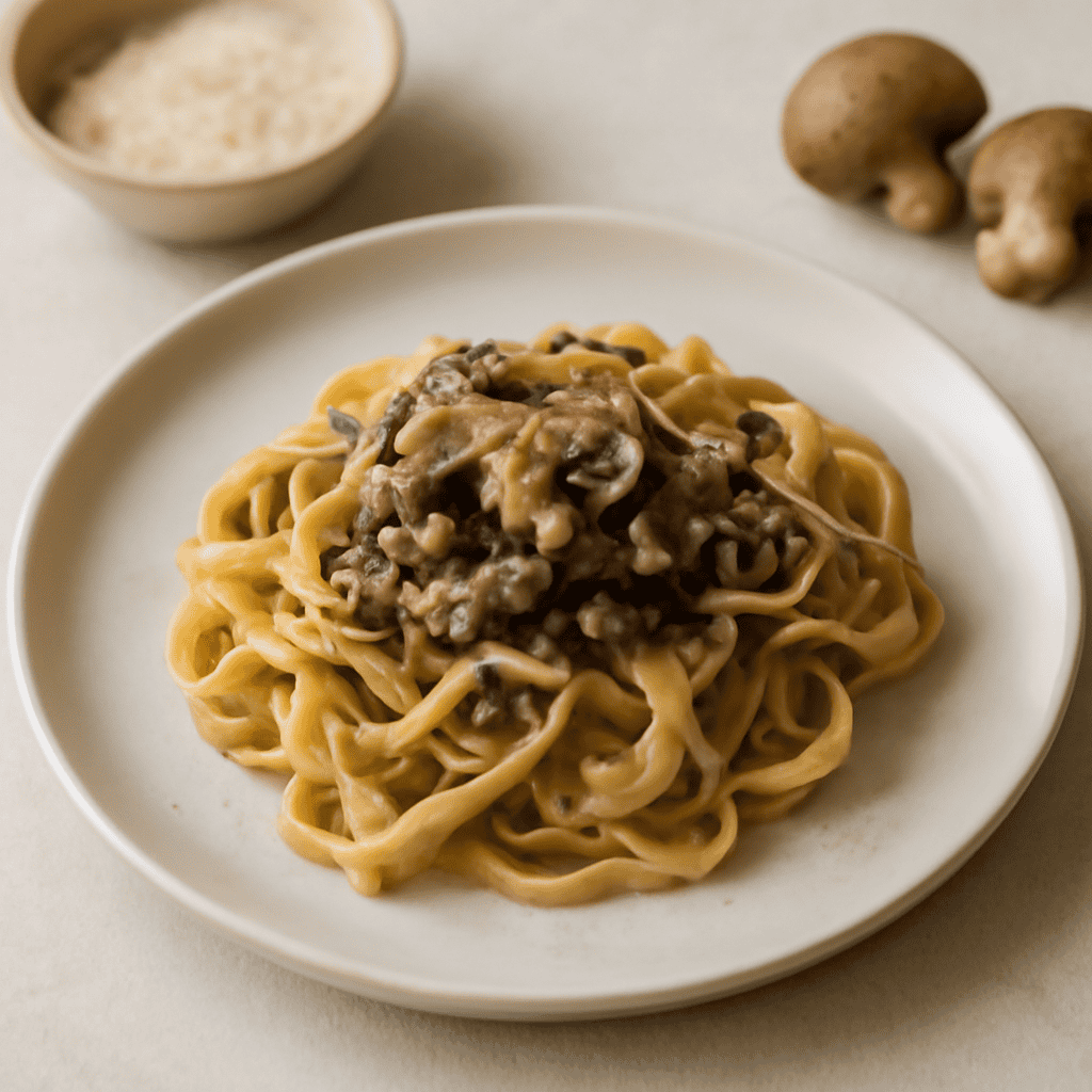 Fresh pasta with mushroom sauce.