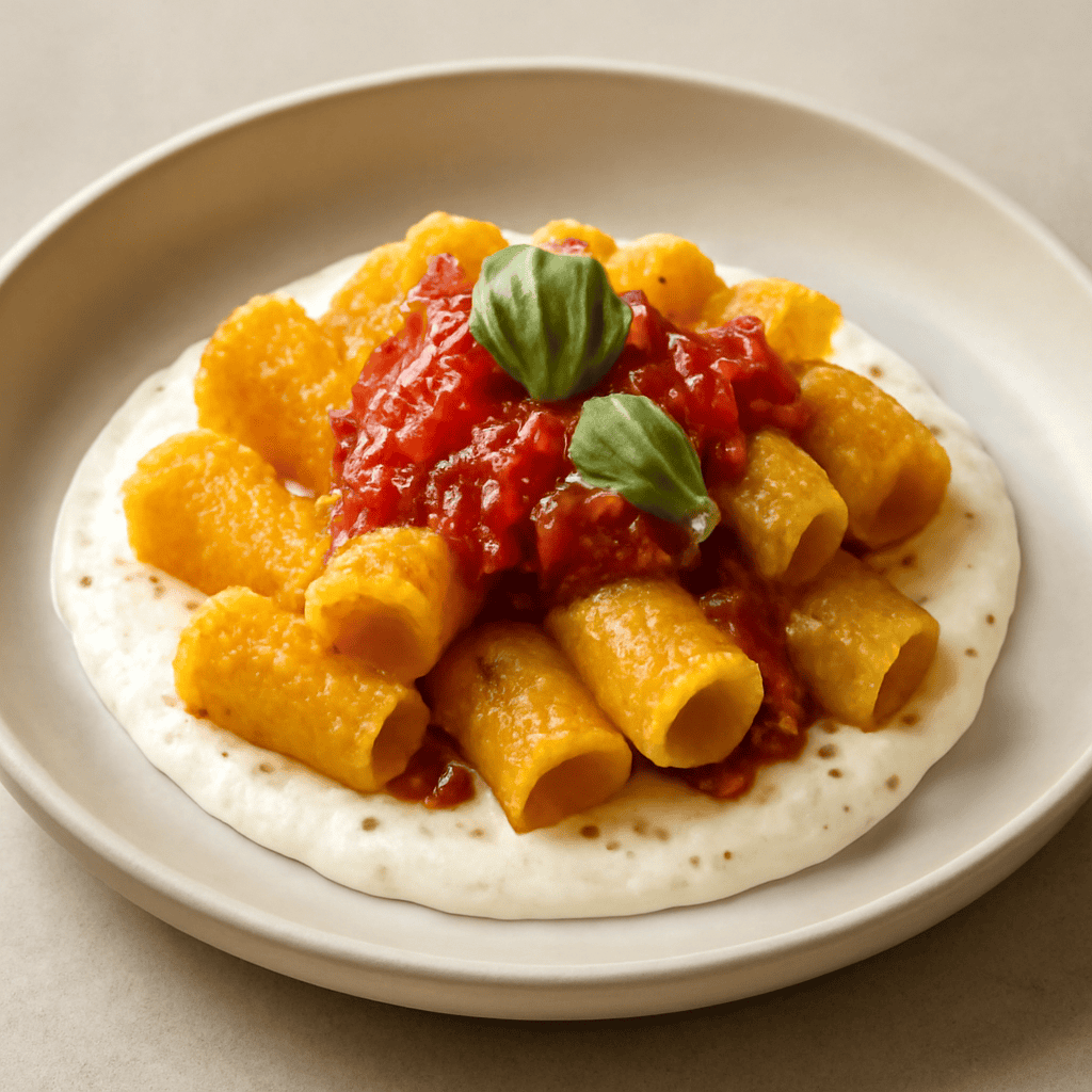 Fritto di mezze maniche allo zafferano su crema di burrata con salsa amatriciana