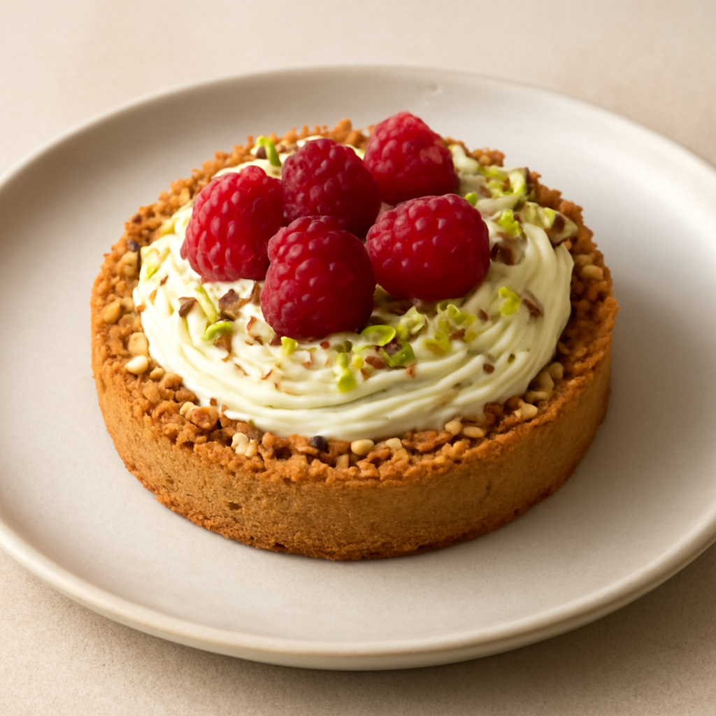 Frolla di mandorle con crema di ricotta, pistacchi e lamponi.