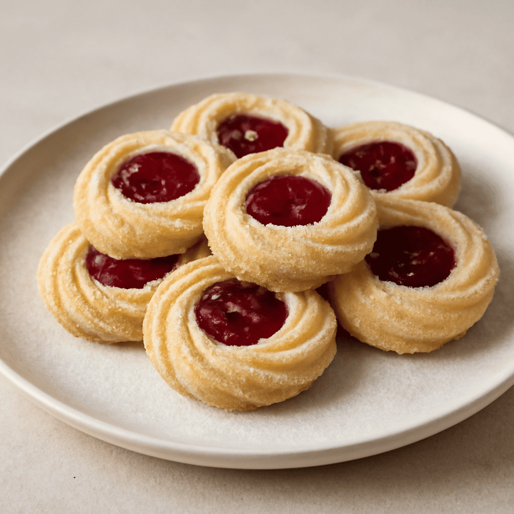 Frollini montati con confettura ai frutti di bosco
