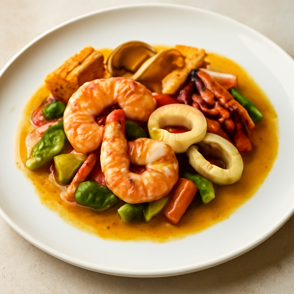 Frutti di mare scottati al brandy con verdure croccanti e bisk