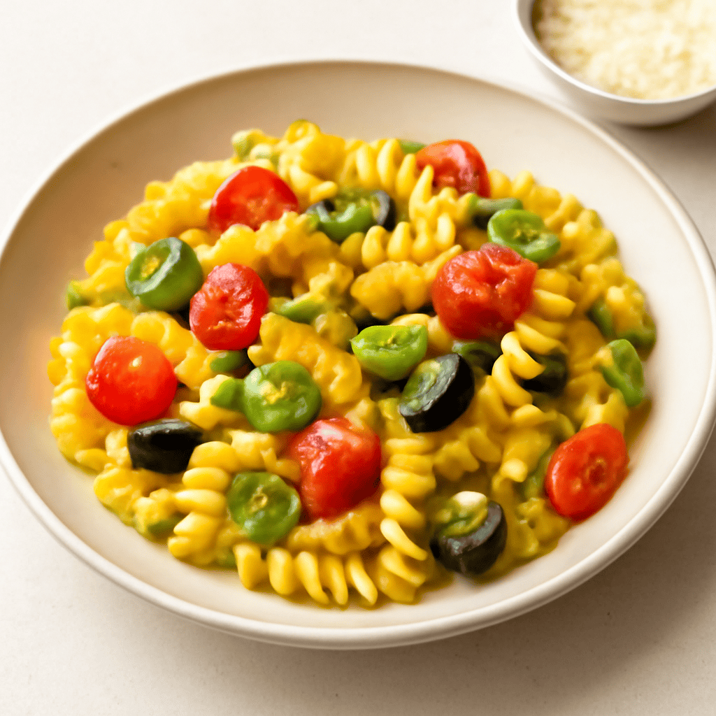 Fusilli primavera con fave, peperoni gialli, pomodorini, melanzane e salsa ai peperoni gialli