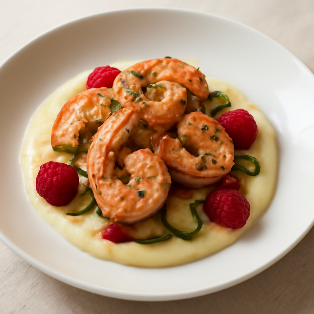 Gamberi con crema di patate e sciroppo di lamponi