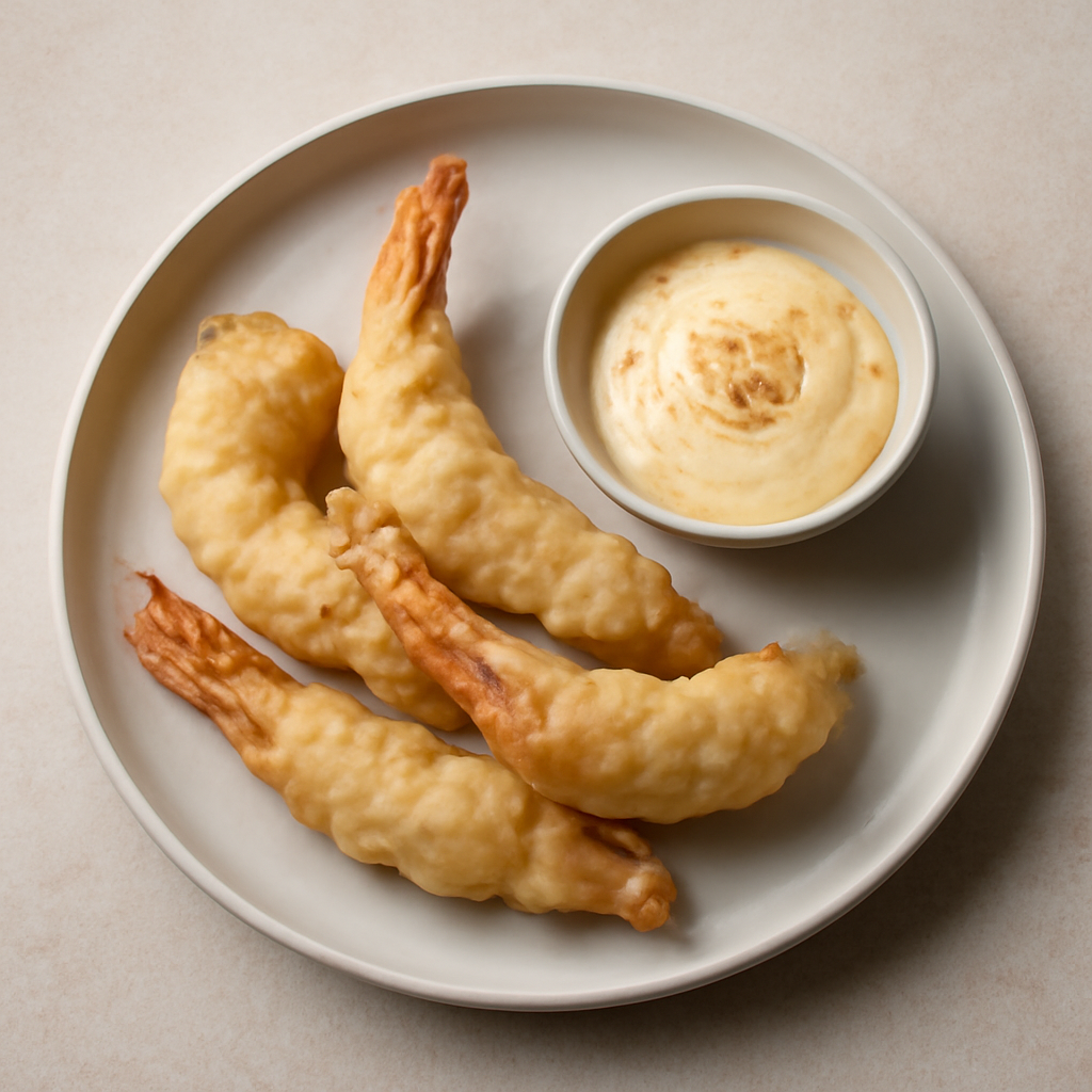Gamberi in tempura con maionese alla bottarga