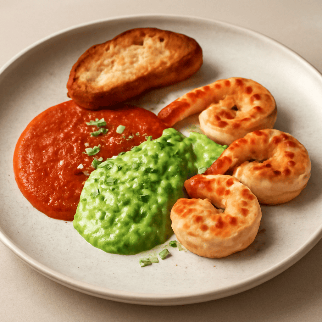 Gamberi scottati alla piastra,con salsa di zucchine, pane croccante,e pomodoro alla vellutata di patate.