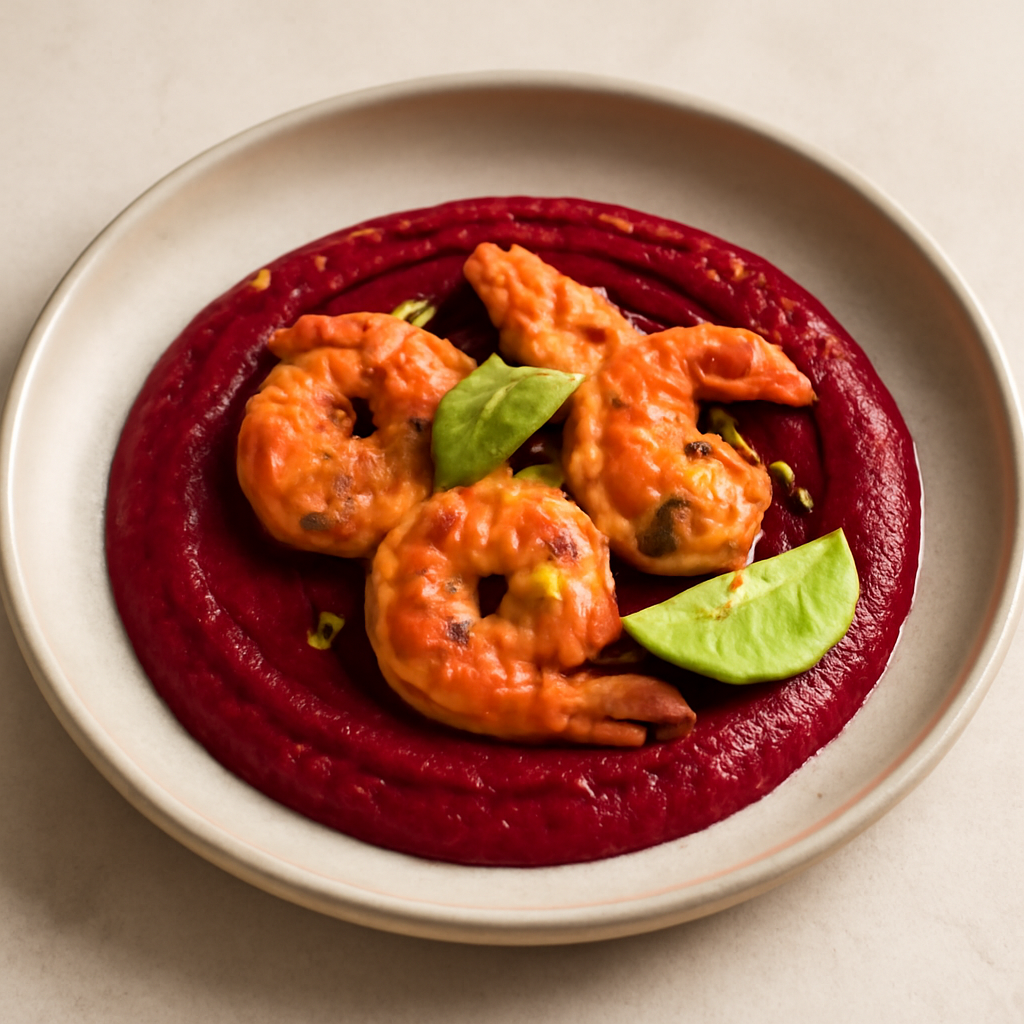 Gamberi su crema di rapa rossa