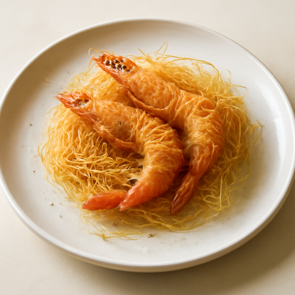 gamberoni con spagetti kataifi