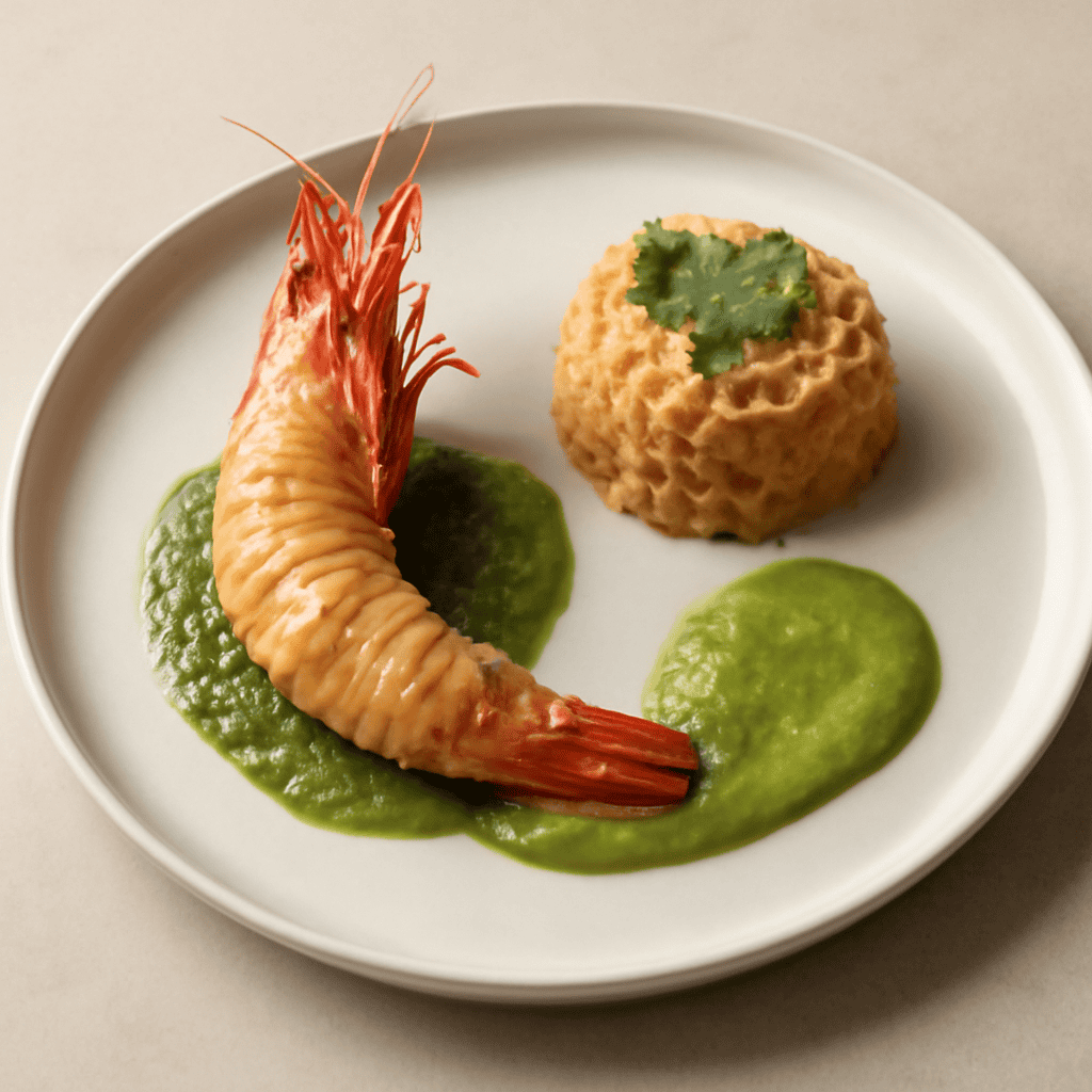Gamberoni in pasta phillo, latte di cocco, salsa verde al coriandolo e timballo di riso thai allo zenzero