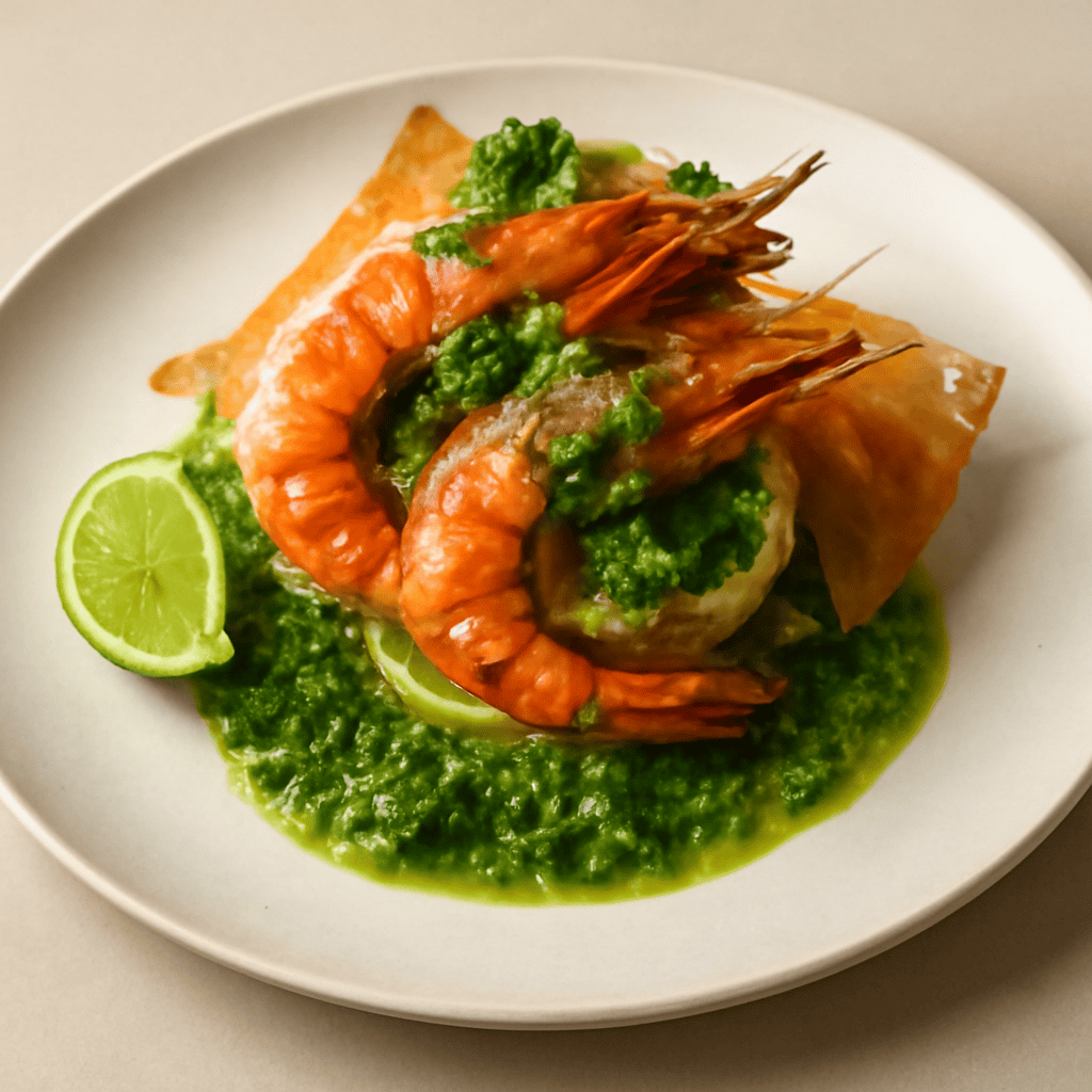 GAMBERONI IN PASTA, SALSA VERDE E TIMBALLO DI RISO