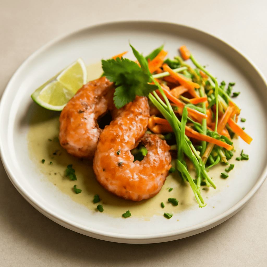 Gamberoni in salsa lime con verdure croccanti alla soia