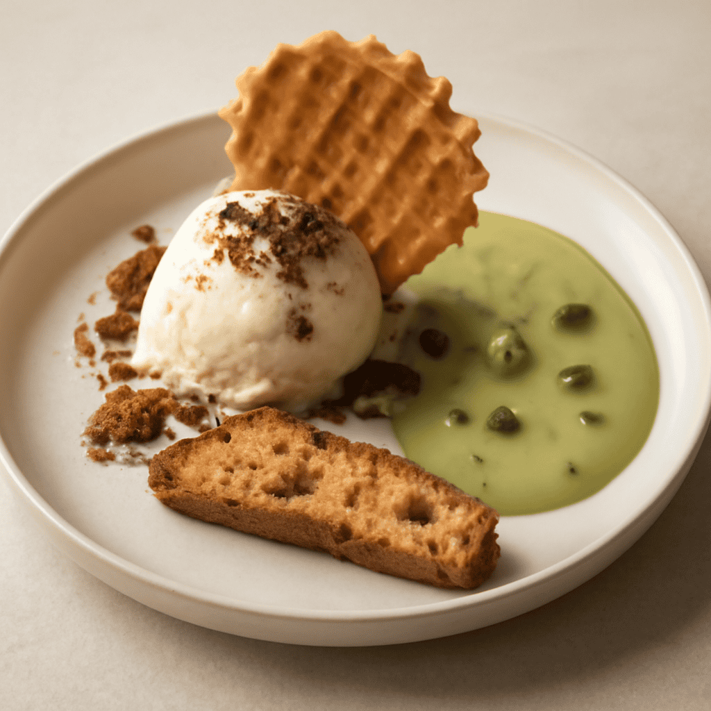 Gelato panna, biscotti e rum con cialda al brandy e crema inglese pistacchio e caffe’