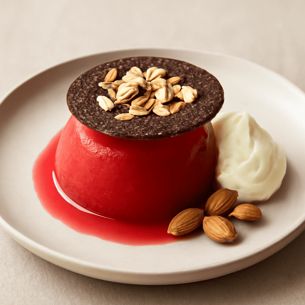Gelo di anguria con cialda fredda al cioccolato fondente e mandorle