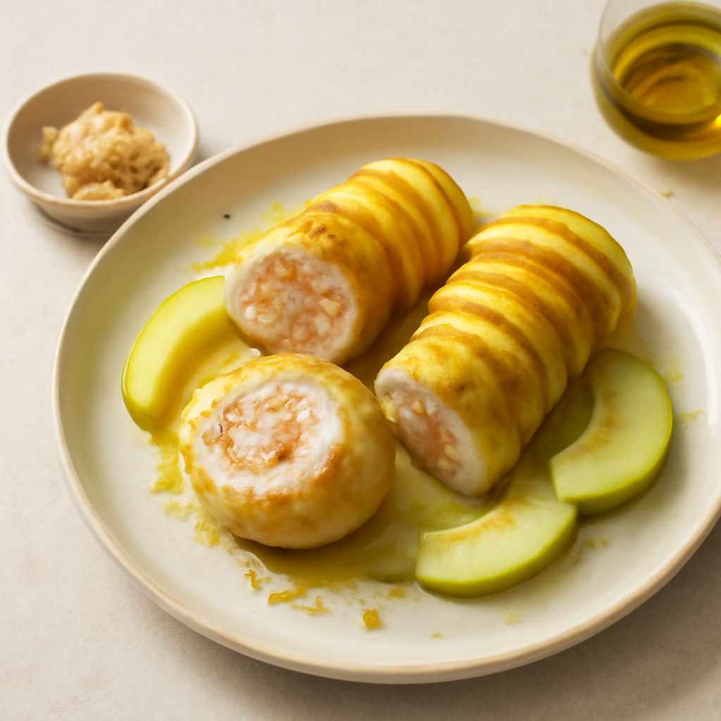 Girelle di pollo con cuore di gambero, con mela, zenzero e zafferano