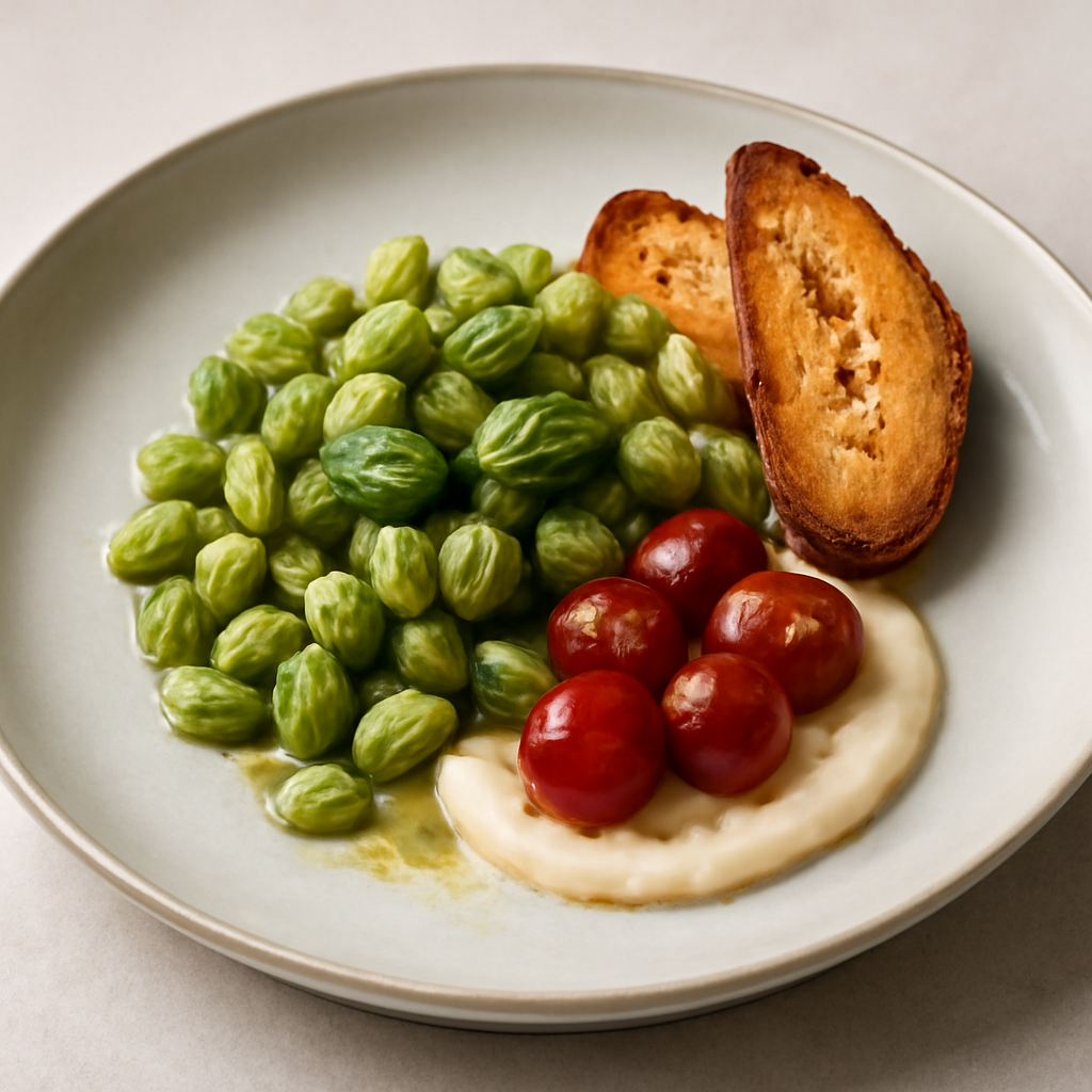Gnocchetti al basilico, crostini di pane tostato, pomodirini confit su crema di cannellini