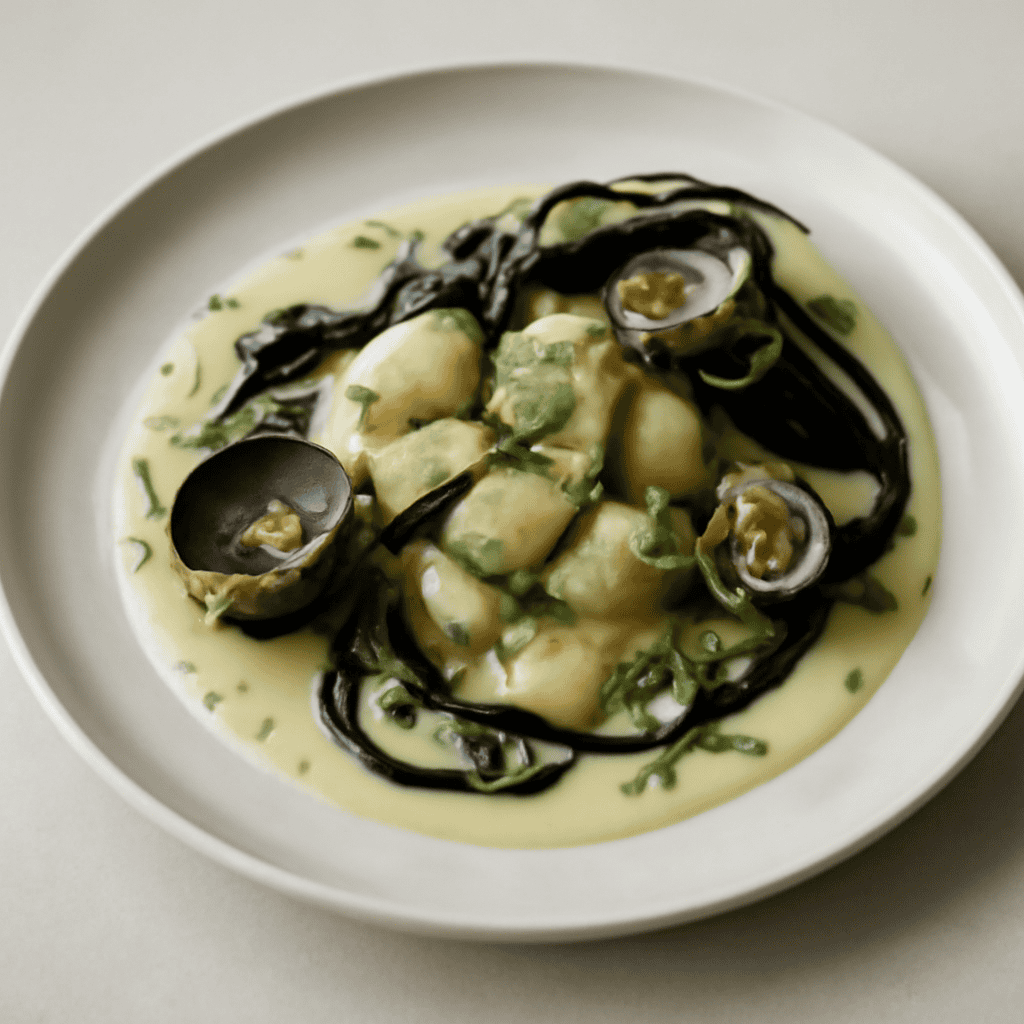 Gnocchetti di Baccalà con Crema di Patate e Scalogno, Vongole veraci ed Alga marina