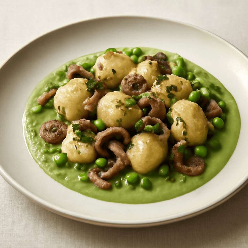 GNOCCHI AL PARMIGIANO CON CHAMPIGNON E VELLUTATA DI PISELLI