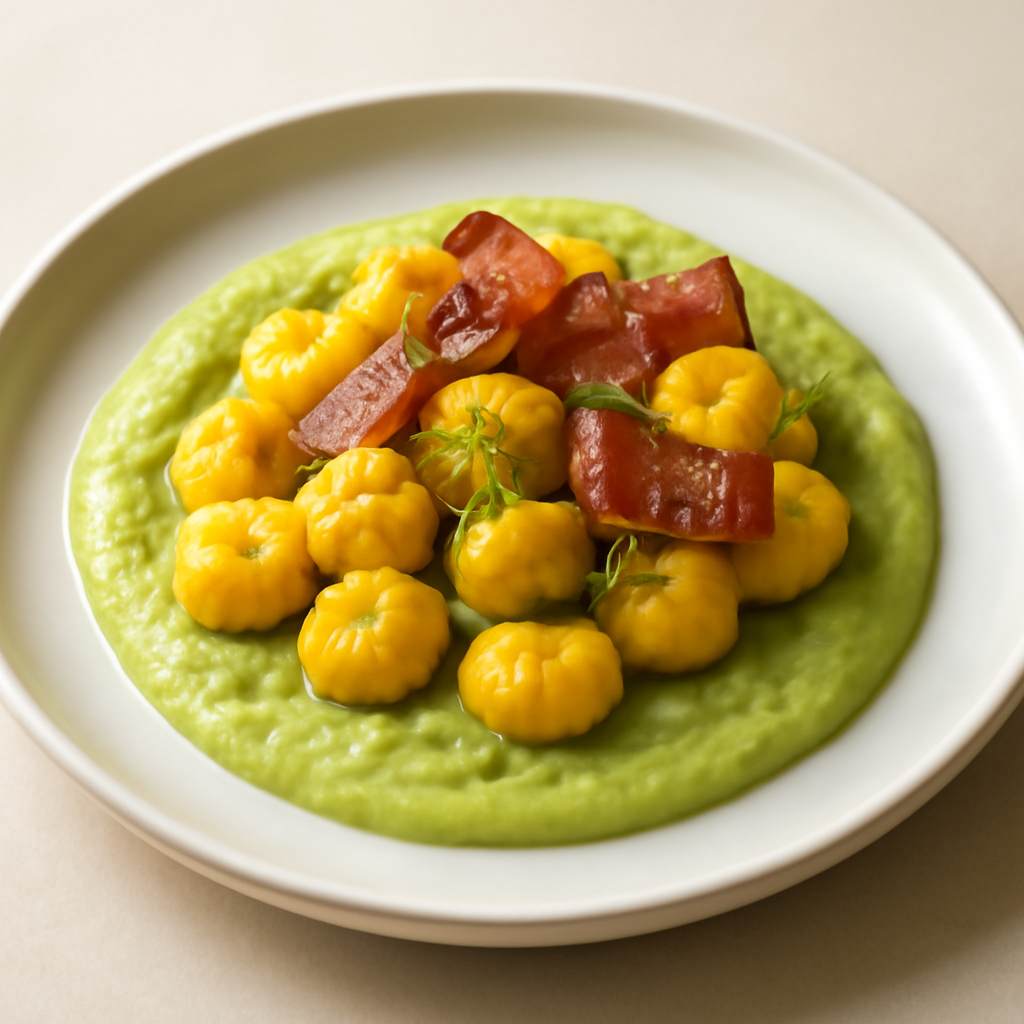 Gnocchi alla curcuma su crema di fave e guanciale croccante