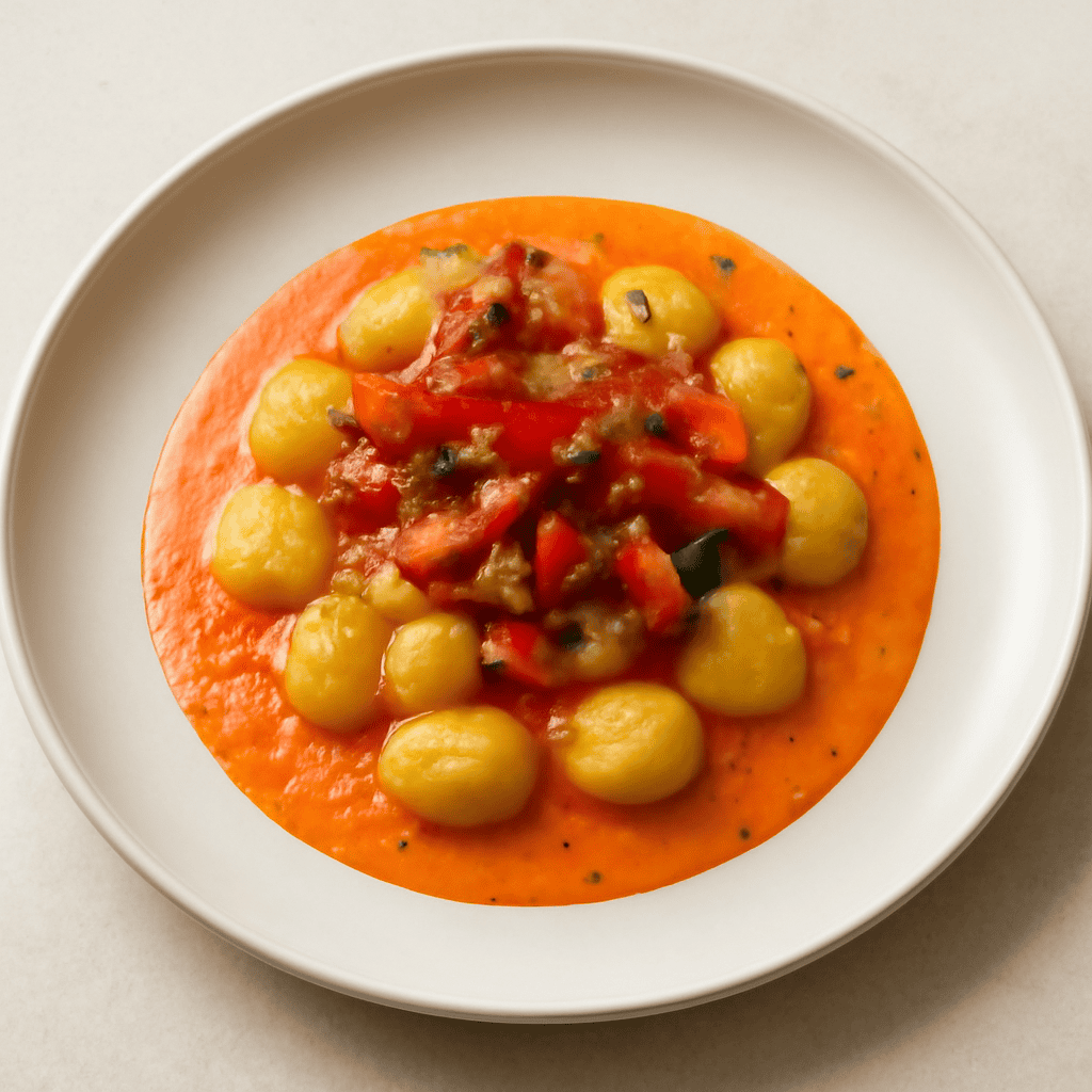 GNOCCHI CON CREMA DI PEPERONI E GUANCIALE CROCCANTE
