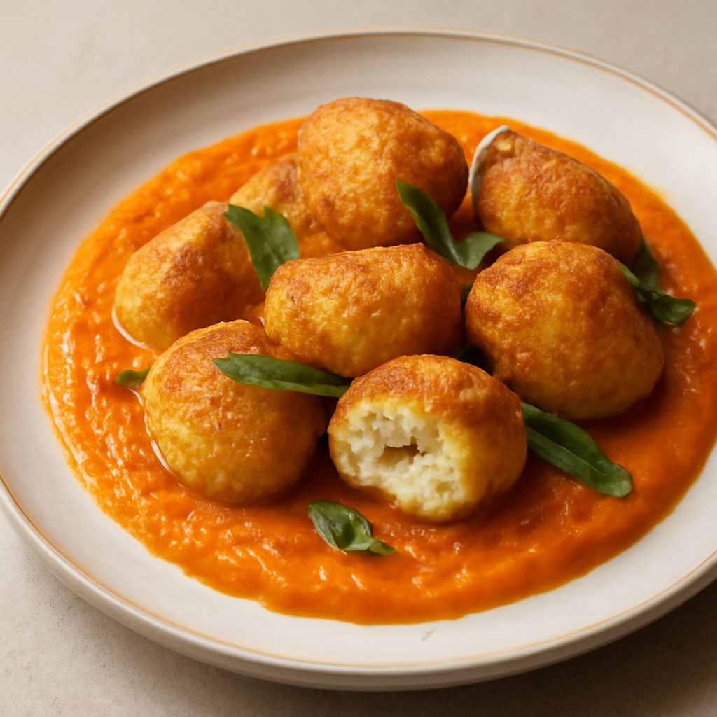 Gnocchi croccanti ripieni di crema al gorgonzola su passata di zucca