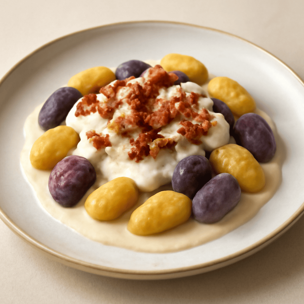 Gnocchi di patata viola e gialla con crema di formaggio e pancetta