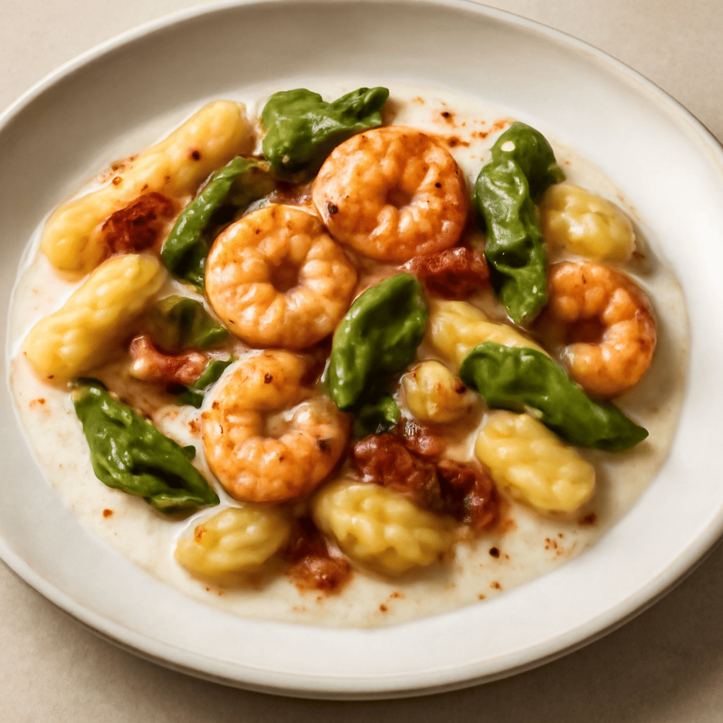 Gnocchi di patate con crema di friggitelli,pomodori secchi e gamberi