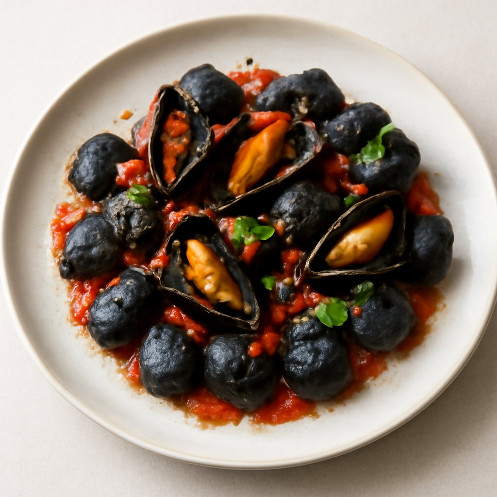 Gnocchi di patate con ripieno di cozze in Concassé di pomodoro