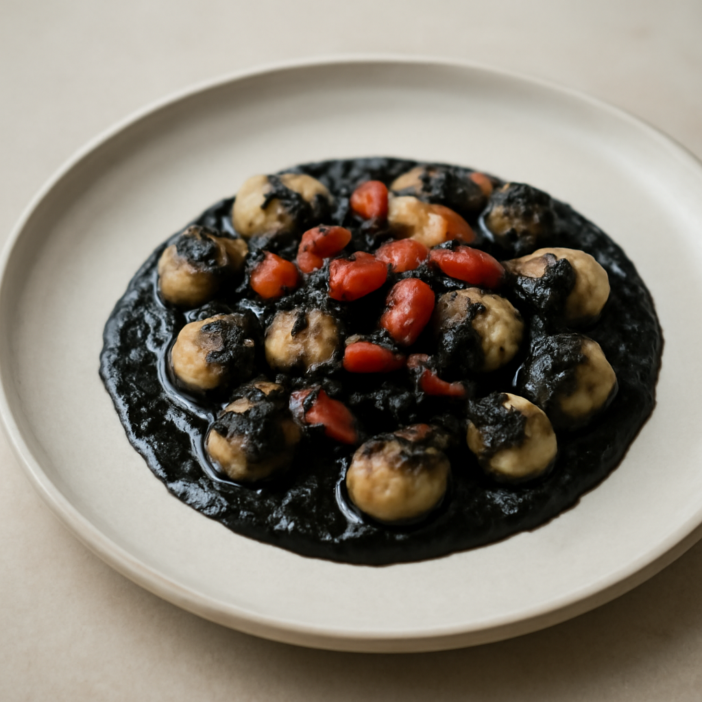 Gnocchi di patate con sugo al nero di seppia e speck