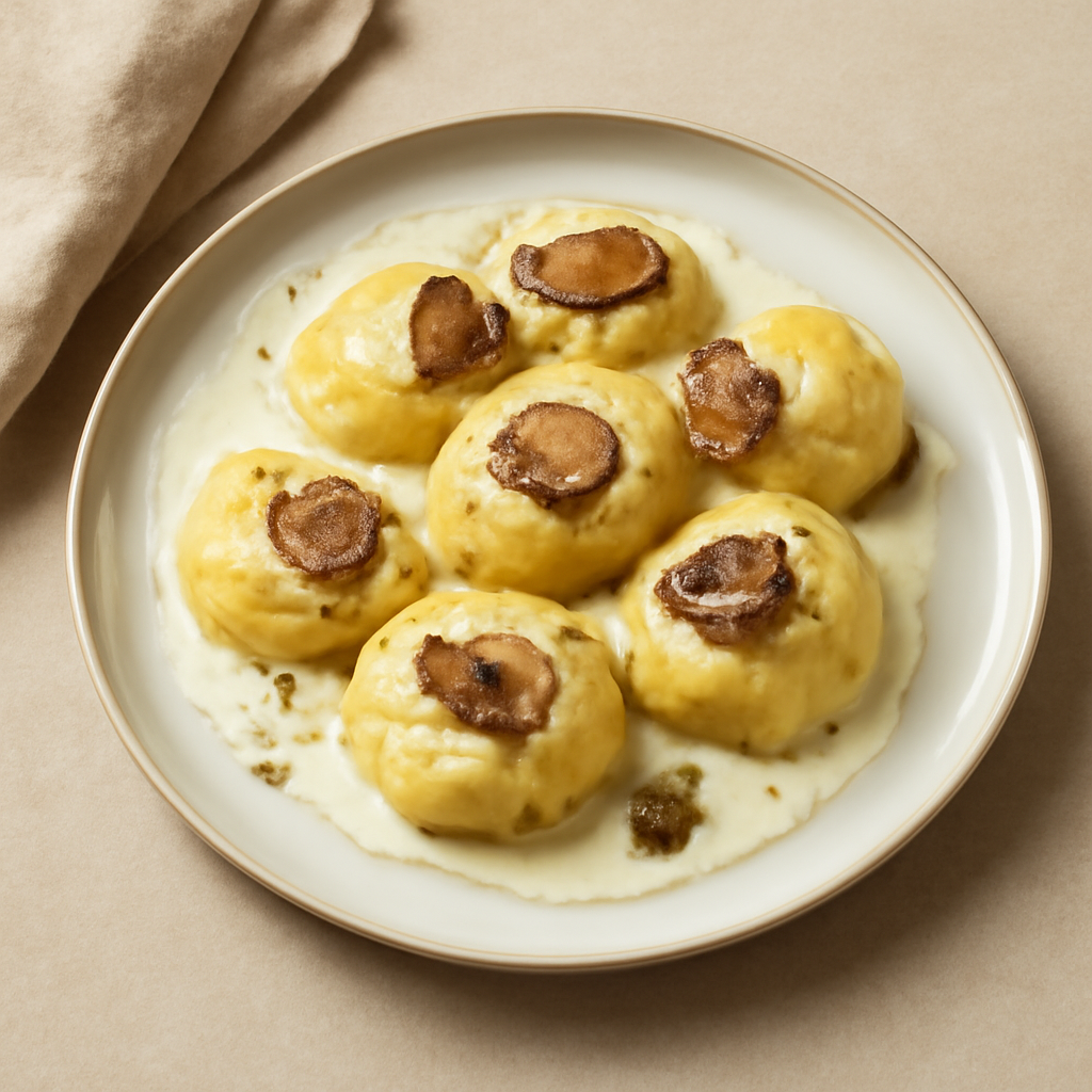 Gnocchi di patate e ricotta ripieni di fontina e panna al profumo di tartufo.
