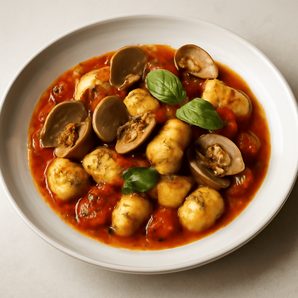 Gnocchi di patate in guazzetto di vongole al basilico con fondente di pomodori