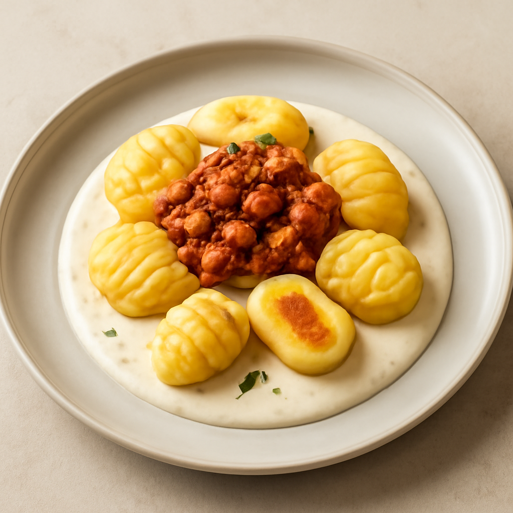 Gnocchi di patate ripieni di zucca e pecorino con crumble di salsiccia su letto di crema di pecorino