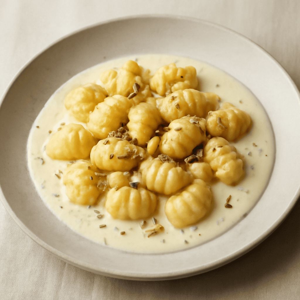 Gnocchi di patate su fonduta di erborino con mandorla tostata