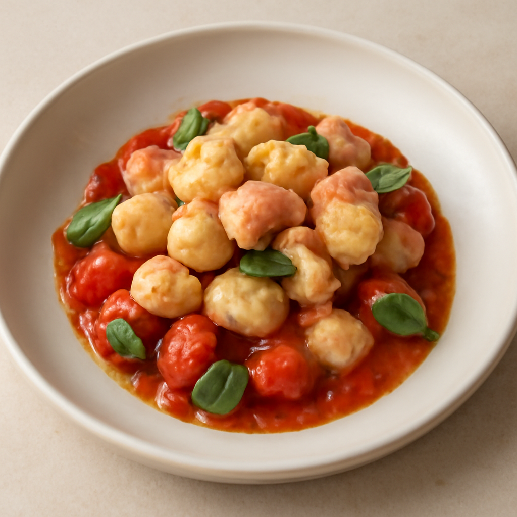 gnocchi di salmone su letto di pomodoro fresco