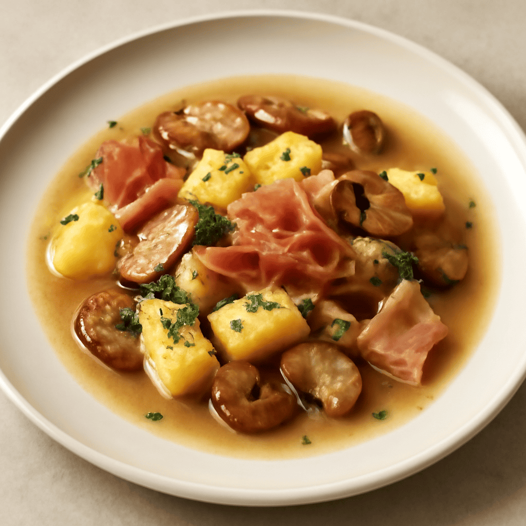 Gnocchi di semolino,speck e porcini affogati in brodo