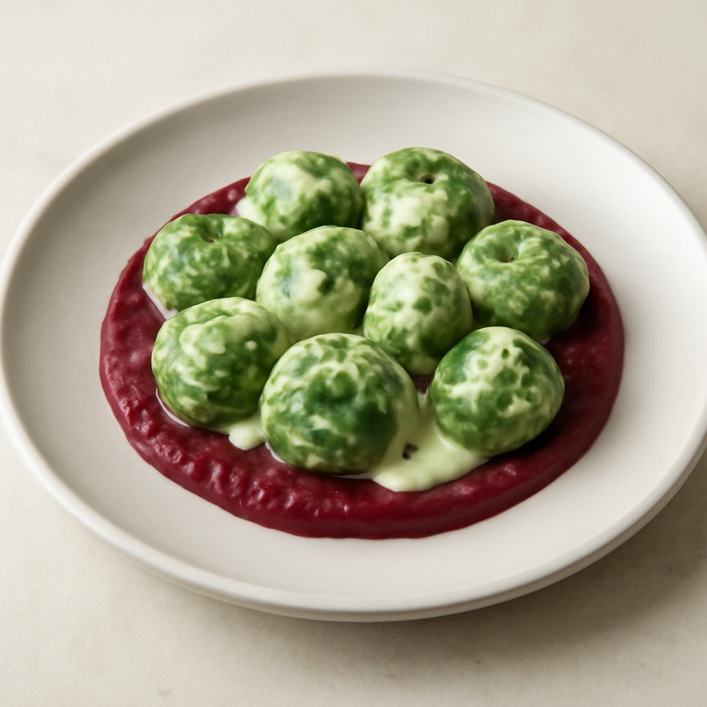 Gnocchi di spinaci ripieni su purea di bietola rossa