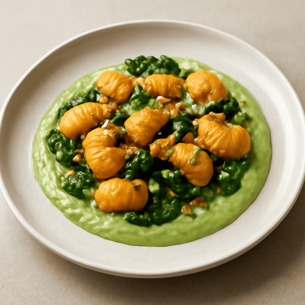 Gnocchi di zucca con spinaci, crema di asparagi e farro croccante