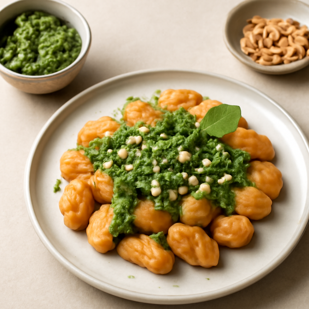 Gnocchi di zucca e patate conditi con pesto di rucola, mandorle e menta.
