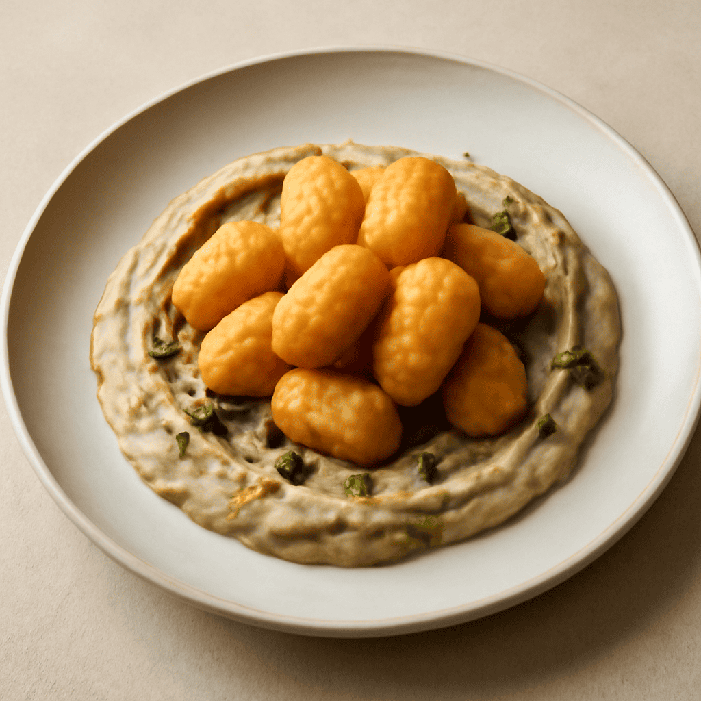 Gnocchi fritti su crema di melanzane