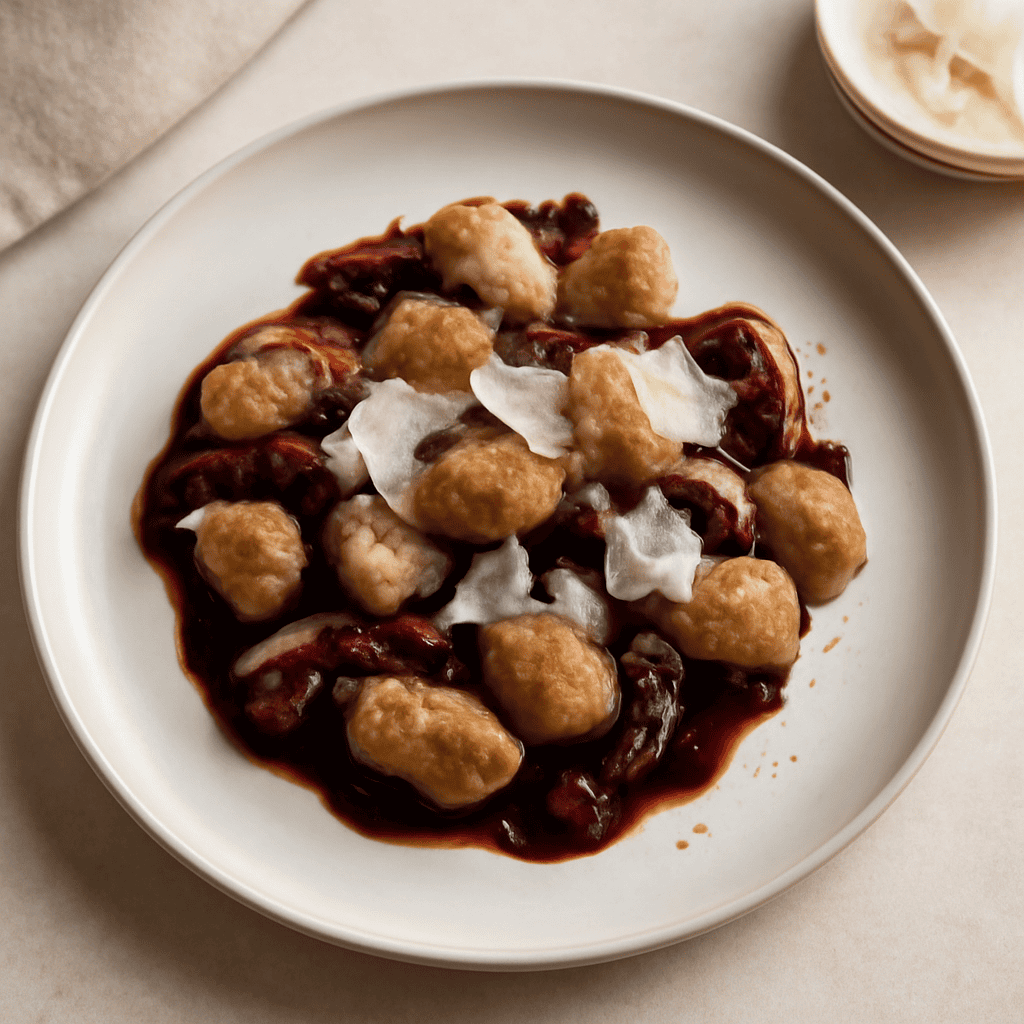 gnocchi integrali radicchio e grana su riduzione di barolo