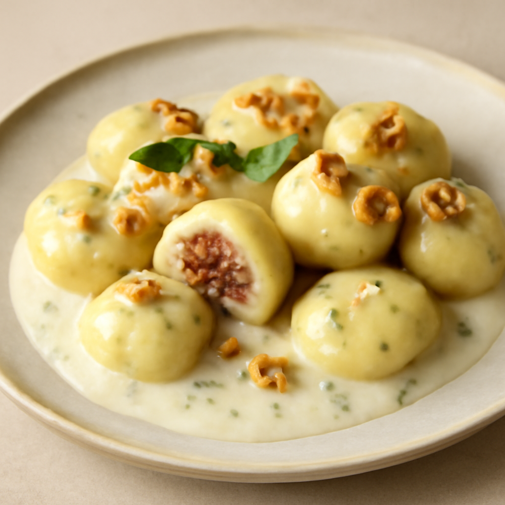 Gnocchi ripieni di salsiccia con crema al gorgonzola e noci