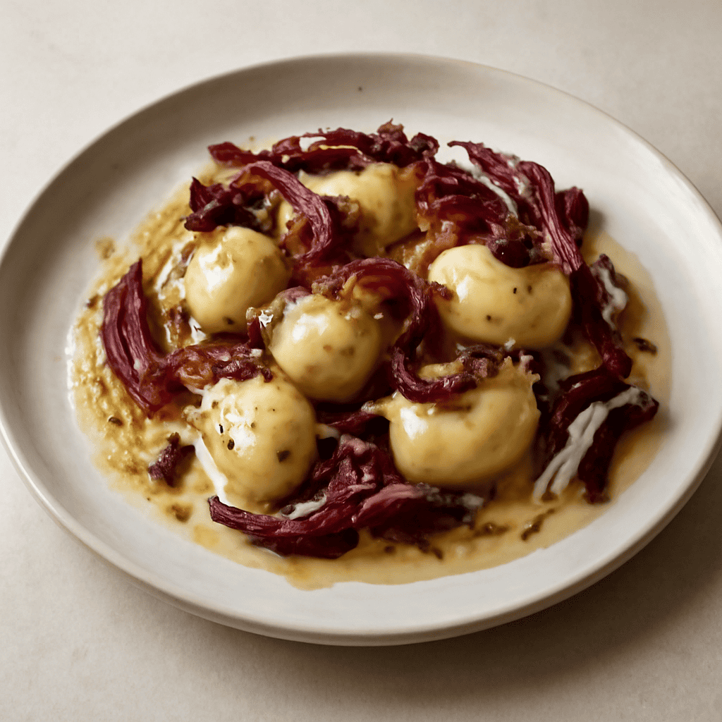 Gnocchi ripieni di taleggio salsa di pere speck croccante e radicchio