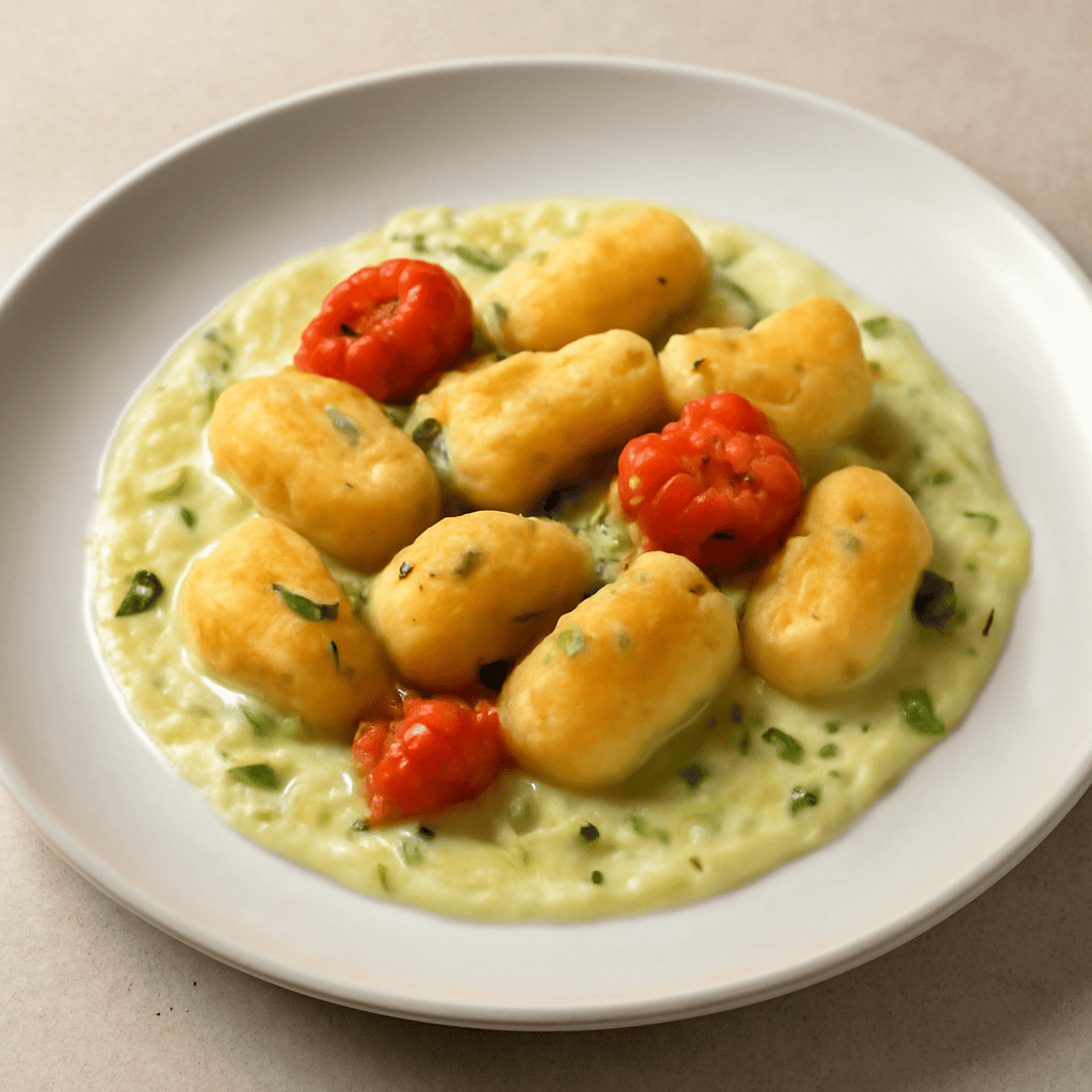 Gnocchi ripieni su crema di porri