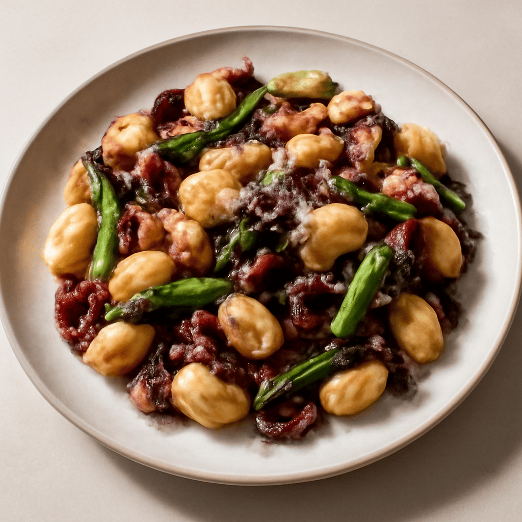 Gnocchi Rosso Verdi saltati al guanciale