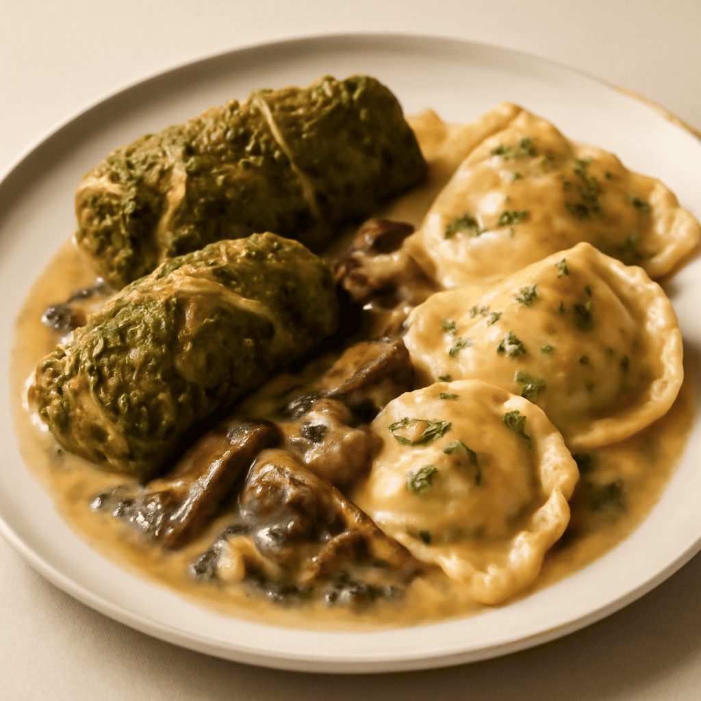 Golopsi e Ravioli di Patate in Salsa di Funghi Porcini