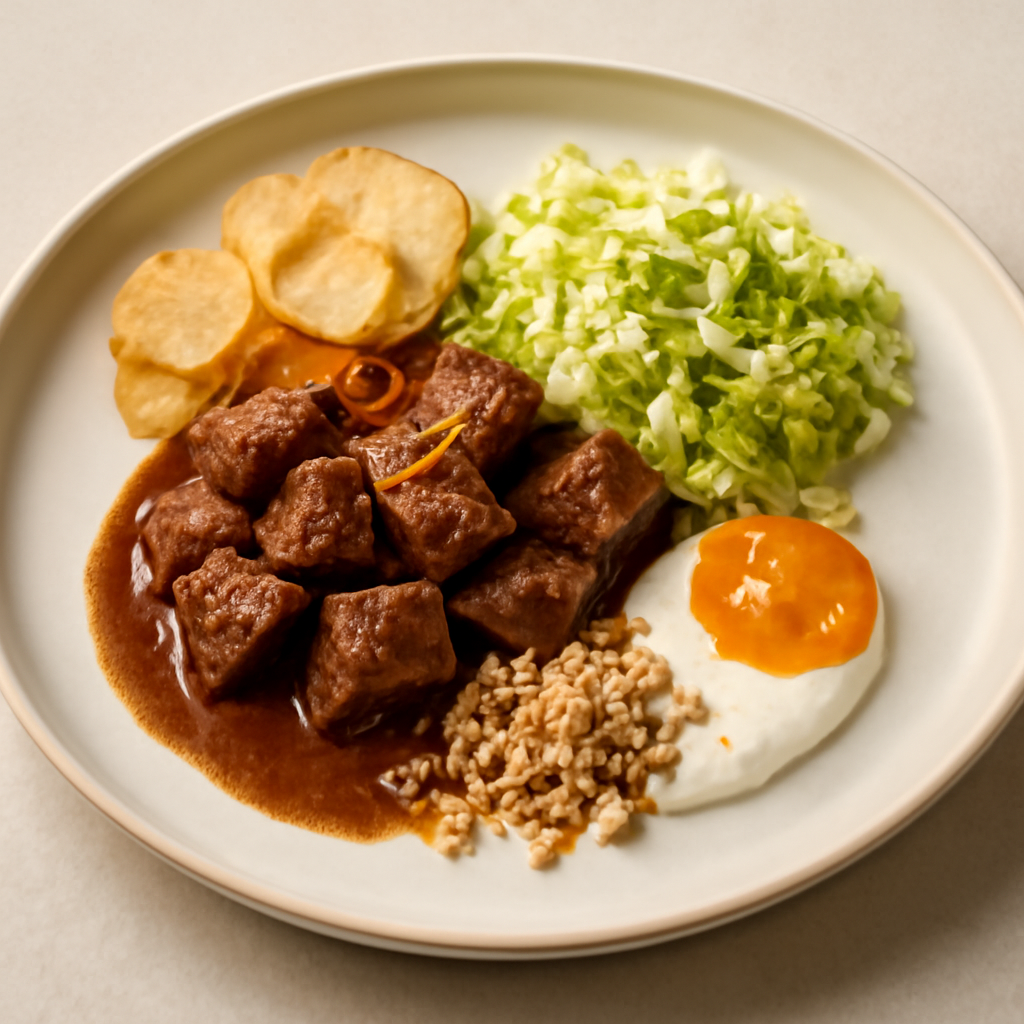 Goulash marinato all’ arancia e birra con insalata di verza e crumble di mandorle , chisps di patate con marmellatina di arancia e salsa alla panna acida