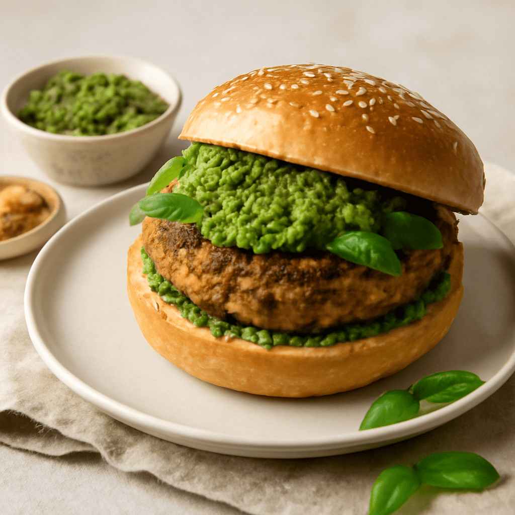 Hamburger Vegetariano con pesto di basilico e noci.