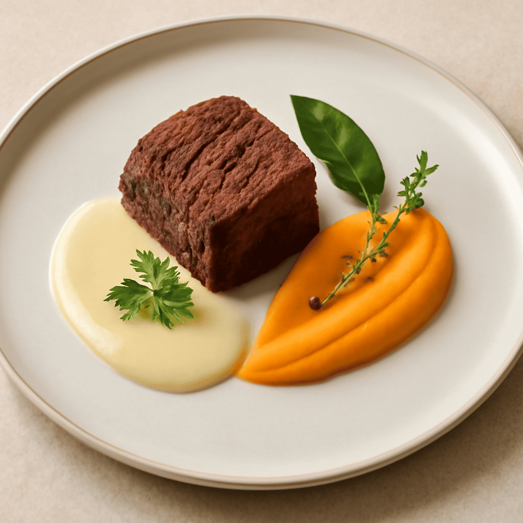 Il Solido Bollito, con crema di mela al whisky e crema di carote e zenzero
