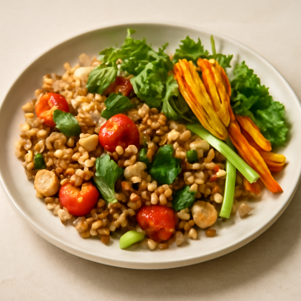 Insalata di farro, arachidi, fiore e verdure dolci