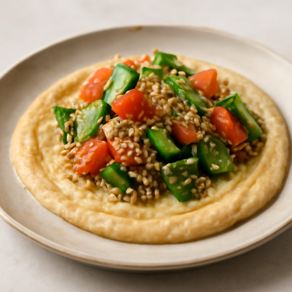 Insalata di quinoa con verdure su crema di ceci agli agrumi