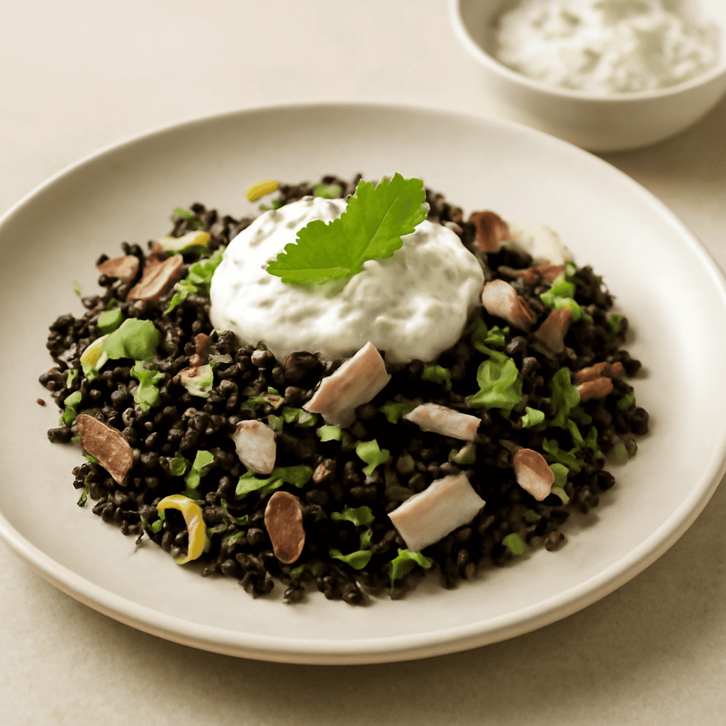 INSALATA DI RISO VENERE E TACCHINO CON CREMA DI RICOTTA ALLA MENTA